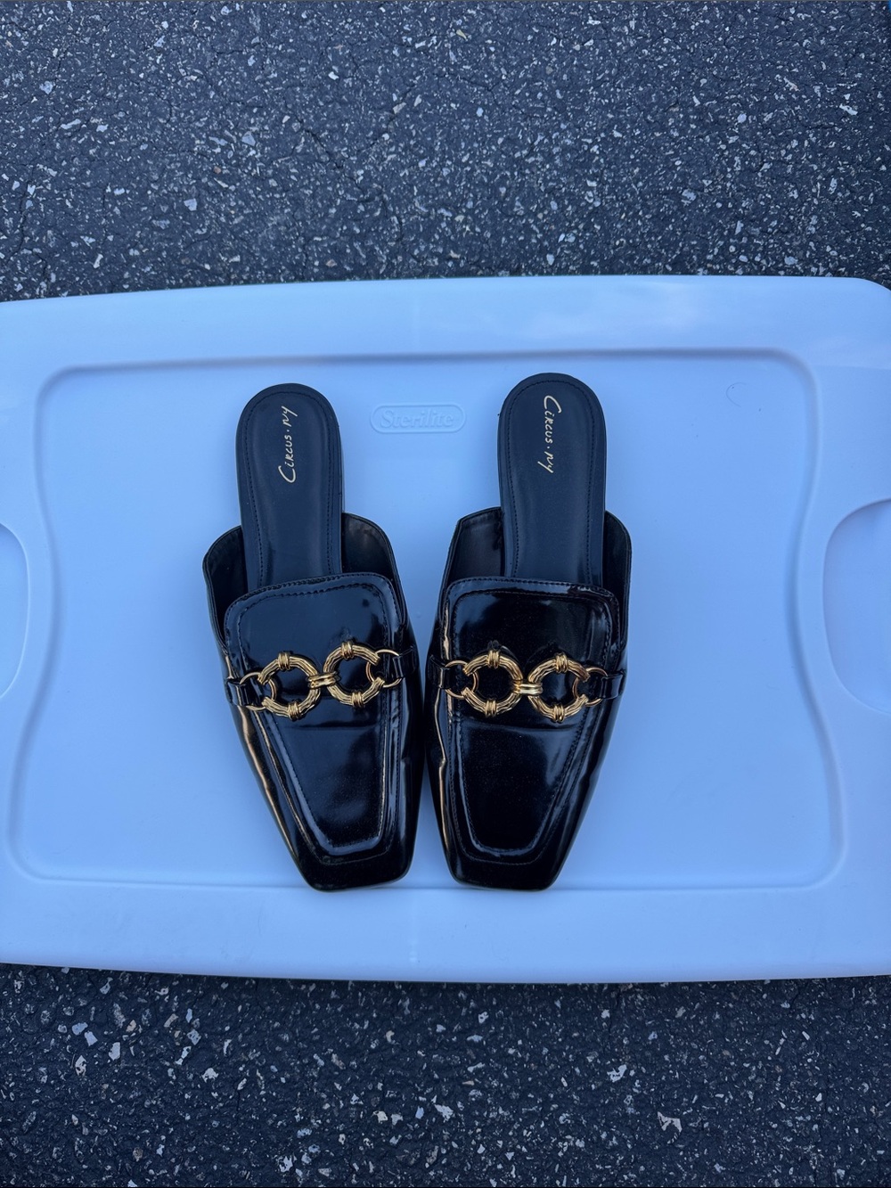 Black Patent Slip-On Mules with Gold Chain Accent
